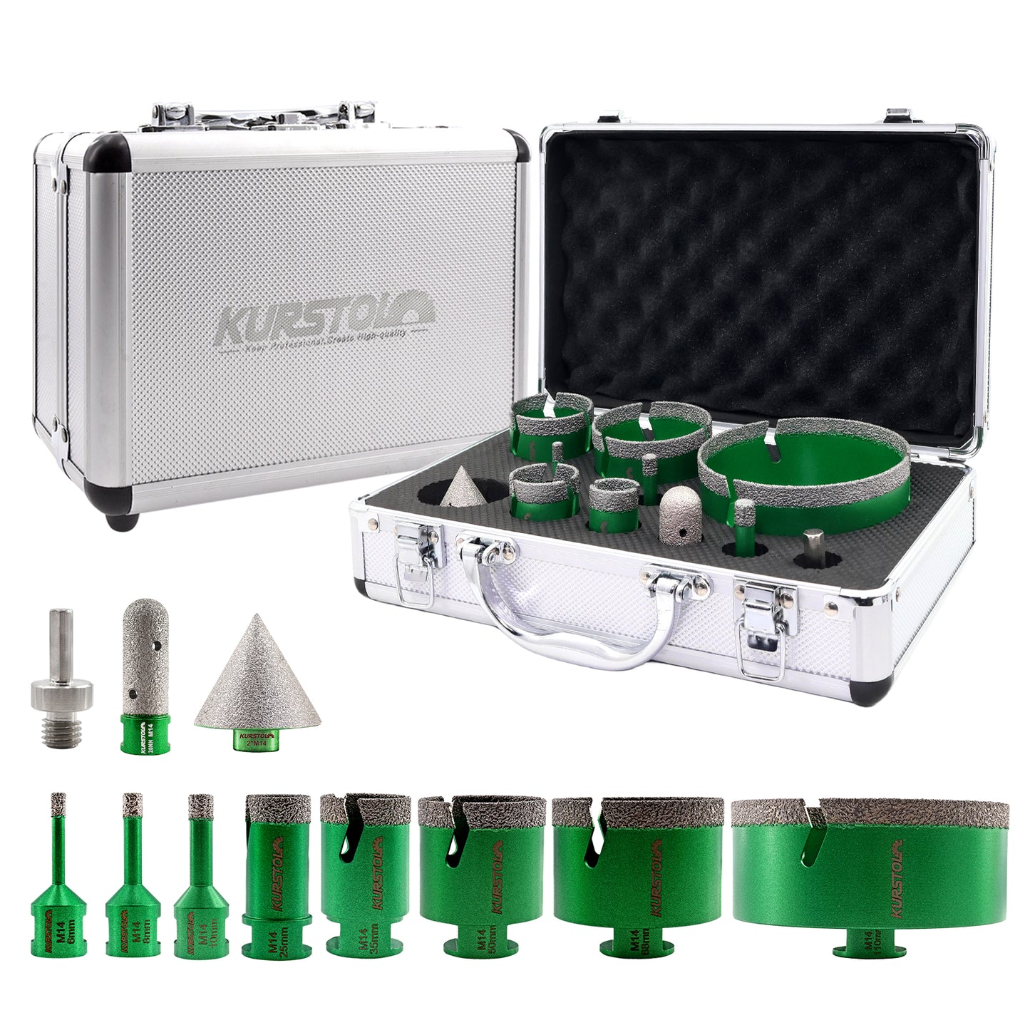 Diamantbohrer Fliesenbohrkrone Kit 6/8/10/25/35/50/68/110MM+20MM Fingerfräs Bit+50MM Fasenbits+Dreiecks Adapter auf M14 für Porzellan Fliese Granit Marmor