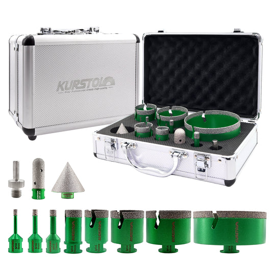 Diamantbohrer Fliesenbohrkrone Kit 6/8/10/25/35/50/68/110MM+20MM Fingerfräs Bit+50MM Fasenbits+Dreiecks Adapter auf M14 für Porzellan Fliese Granit Marmor